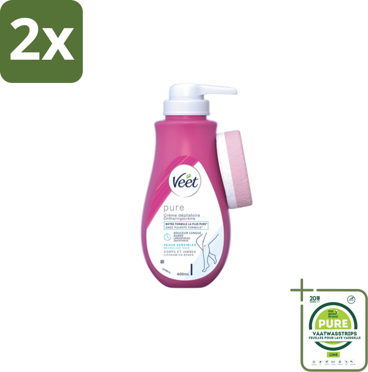 Veet Pure - Ontharingscrème - Gevoelige Huid - Geen Geur van Ammoniak - 400ml - Voordeelverpakking - 2 stuks - Ontharingscrème - Ontharing