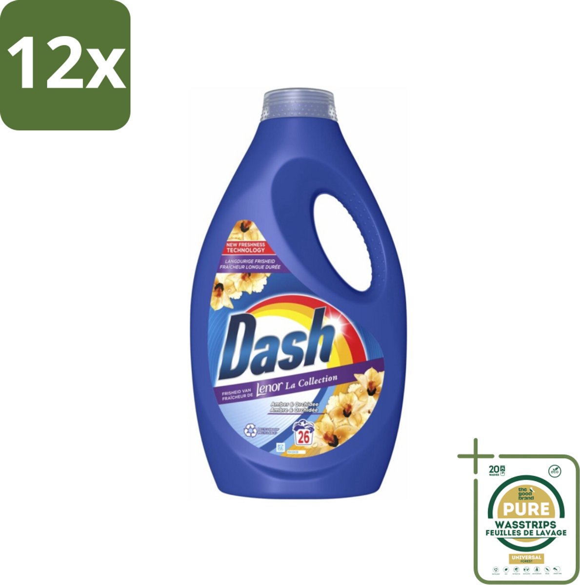 Dash - Lenor Collectie - Vloeibaar Wasmiddel - Witte en Gekleurde Was - Amber & Orchidee - 26 Wasbeurten - Voordeelverpakking - 12 stuks - Wasverzachter - Vloeibaar wasmiddel