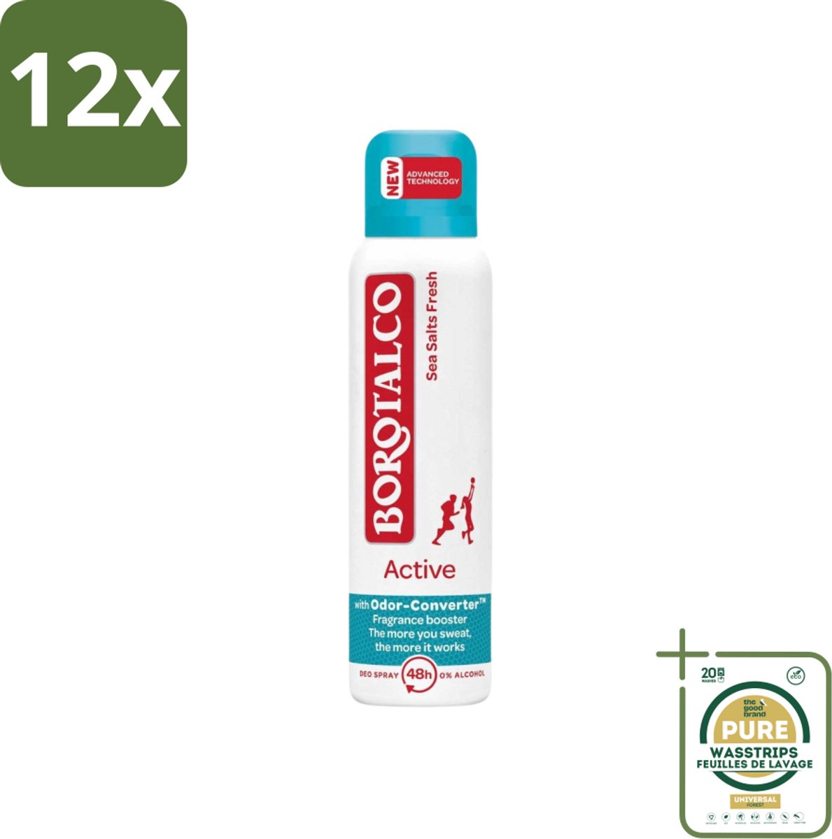 Borotalco - Deodorant Spray - Active - Sea Salts Fresh - 0% Alcohol - 150 ml - Voordeelverpakking - 12 stuks - Zeezout - Frisse geur