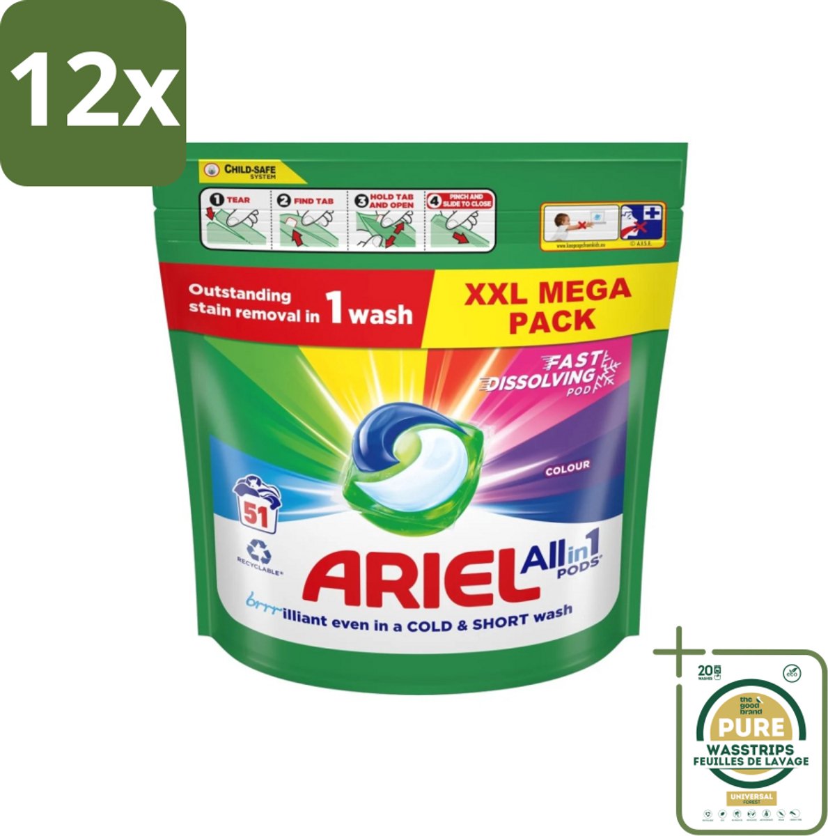Ariel Color - Wasmiddelcapsules - All-in-1 Pods - Gekleurde Was - 51 Wasbeurten - Voordeelverpakking - 12 stuks - Ariel Color - Wasmiddel pods