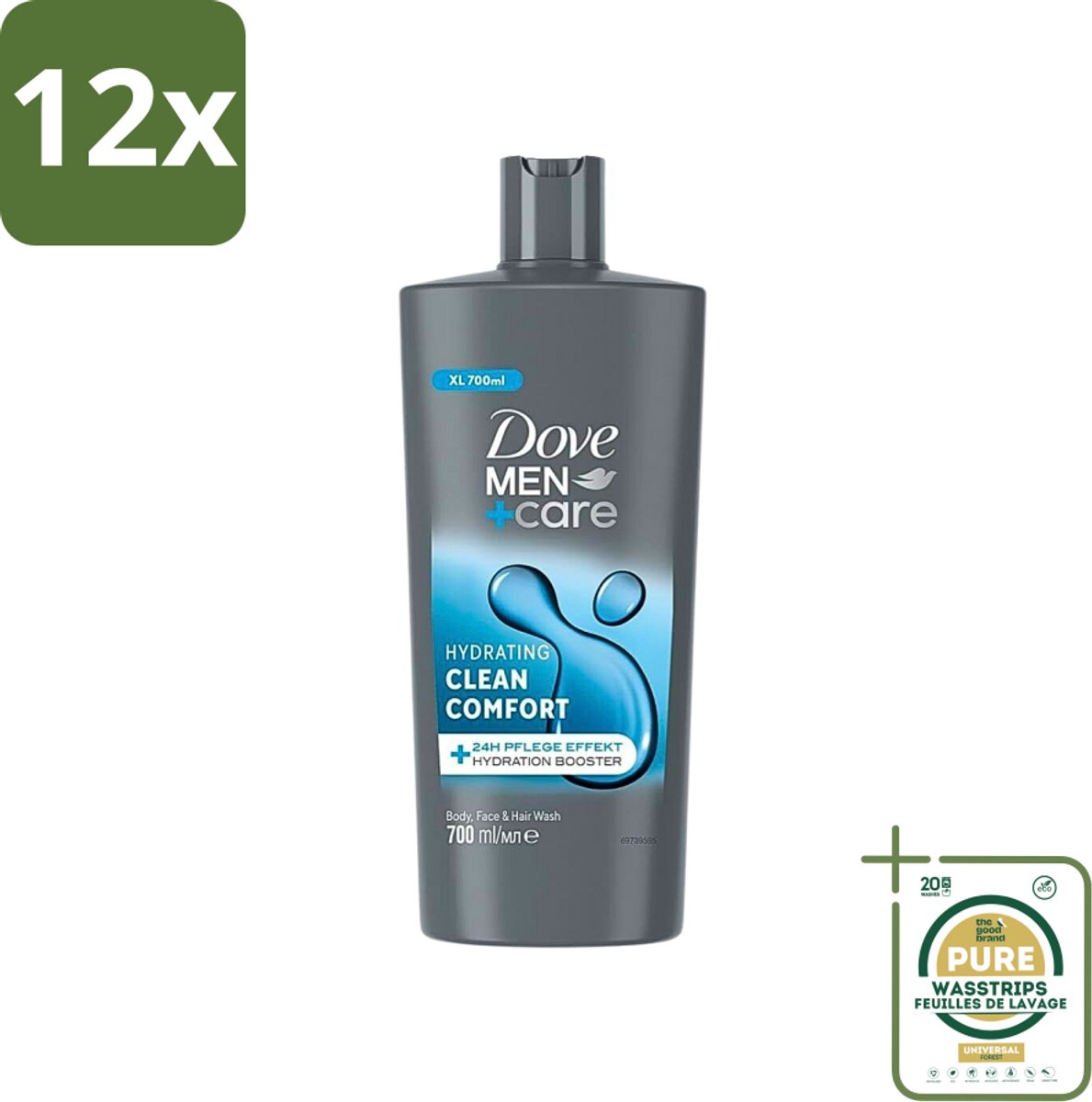 Dove Men+Care - Clean Comfort - 3-in-1 Douchegel - Hydraterend- 700 ml - Voordeelverpakking - 12 stuks - Verzorging - 3-in-1