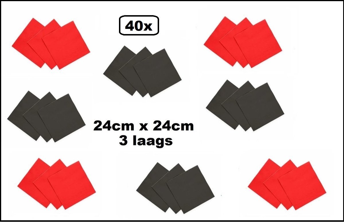 40x Servetten rood en zwart 24cm x 24cm - 3 laags - Party Cocktail servet diner eten knoeien restaurant BBQ thema feest verjaardag feest