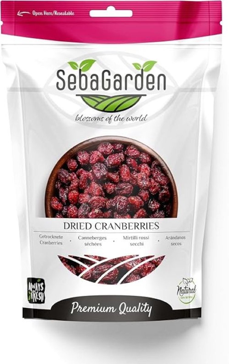 Seba Garden Premium Gedroogde Cranberries 1 kg - Heerlijk en vol van smaak, perfect om te snoepen, te bakken en te koken.