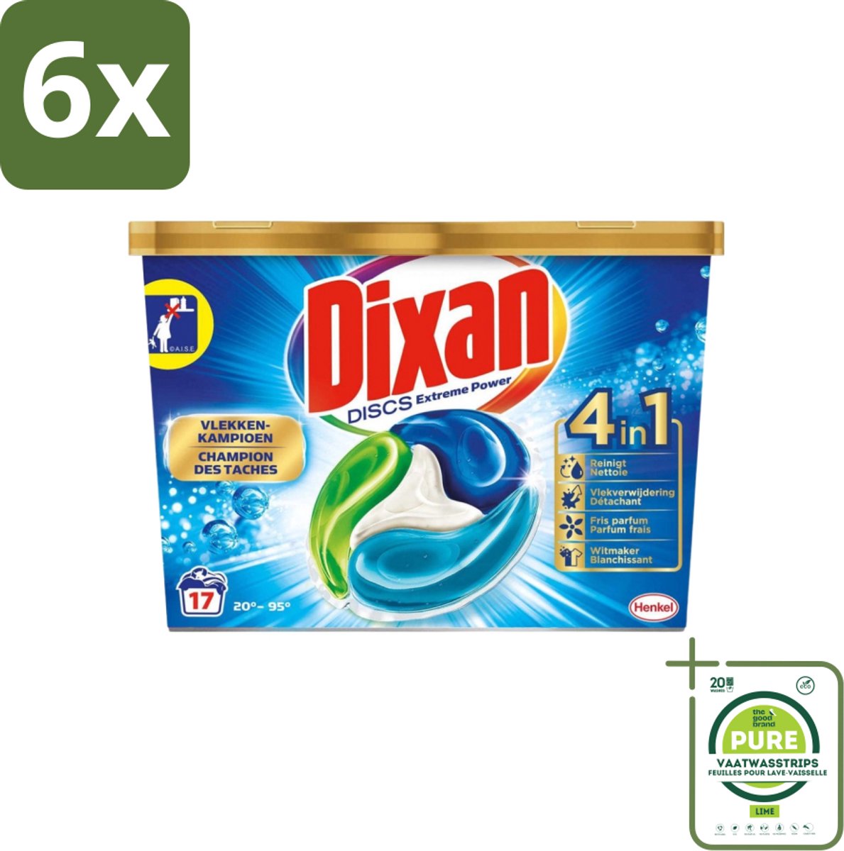 Dixan Discs - Wasmiddelcapsules en Vlekverwijderaar - Extreme Power - Witte, Gekleurde & Zwarte Was - 17 Wasbeurten - Voordeelverpakking - 6 stuks - Wasmiddelcapsules - Vlekkenverwijderaar