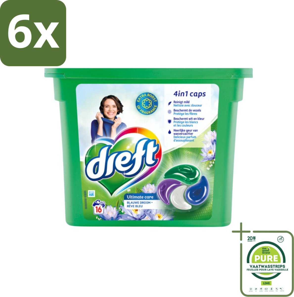 Dreft - Wasmiddelcapsules 4in1 - Gekleurde Was - Blauwe Droom - 16 Wasbeurten - Voordeelverpakking - 6 stuks - Wasmiddelcapsules - Wasmiddel