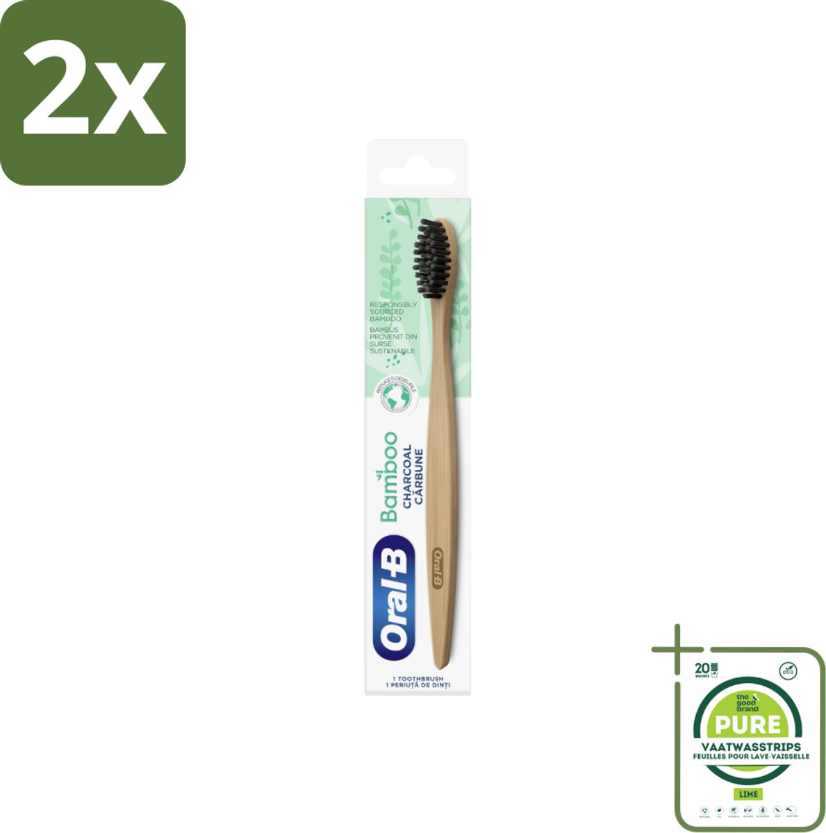 Oral-B - Tandenborstel - Bamboe - Houtskool - 1 Tandenborstel - Voordeelverpakking - 2 stuks - Tandenborstel bamboe - Tandenborstel houtskool