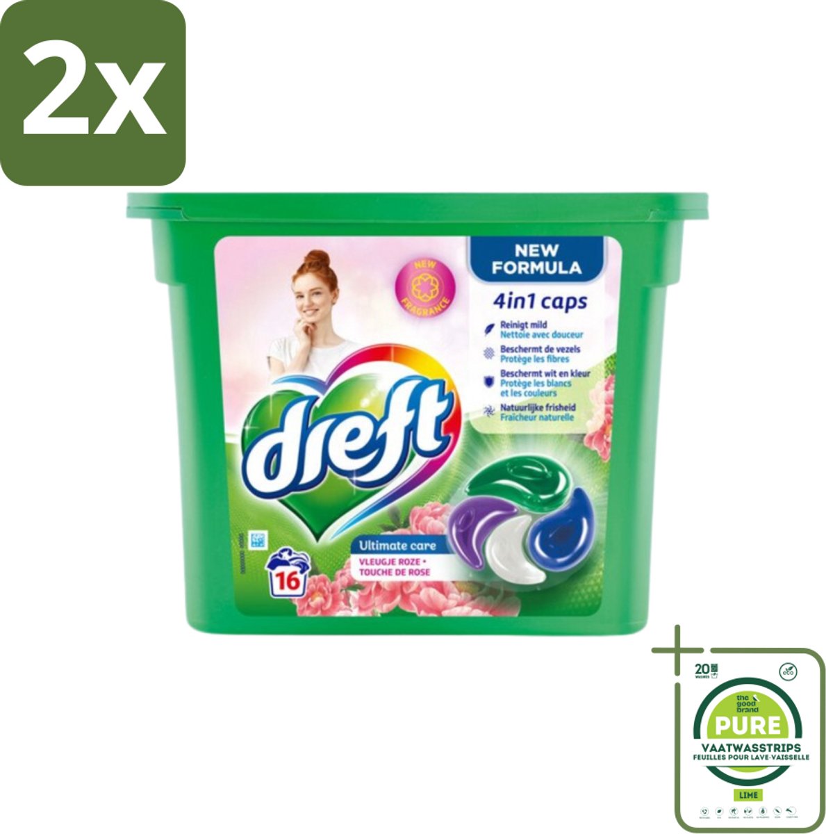 Dreft - Nieuwe Formule - Wasmiddelcapsules 4in1 - Witte en Gekleurde Was - Vleugje Roze - 16 Wasbeurten - Voordeelverpakking - 2 stuks - Wasmiddelcapsules - Wascapsules