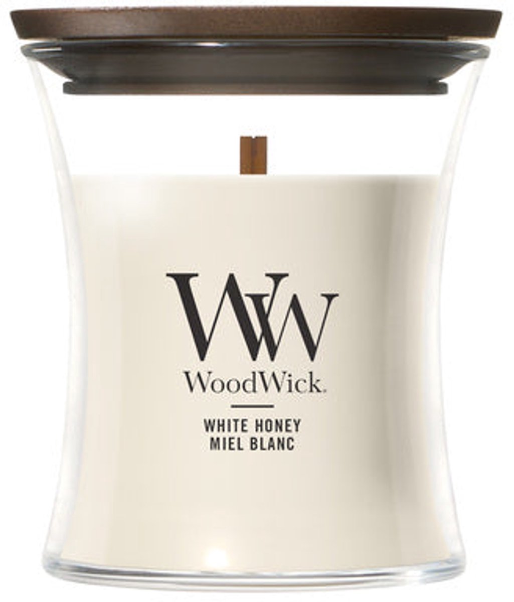 WoodWick Geurkaars Mini Candle - White Honey - 20 branduren - 85gr - 8 cm / ø 7 cm wit