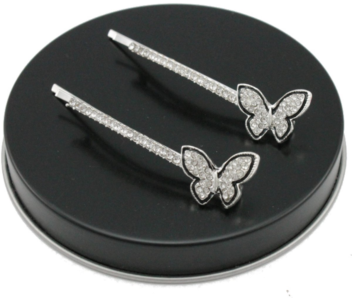 Zilverkleurige haarspelden met vlinders en strass steentjes (2 stuks)