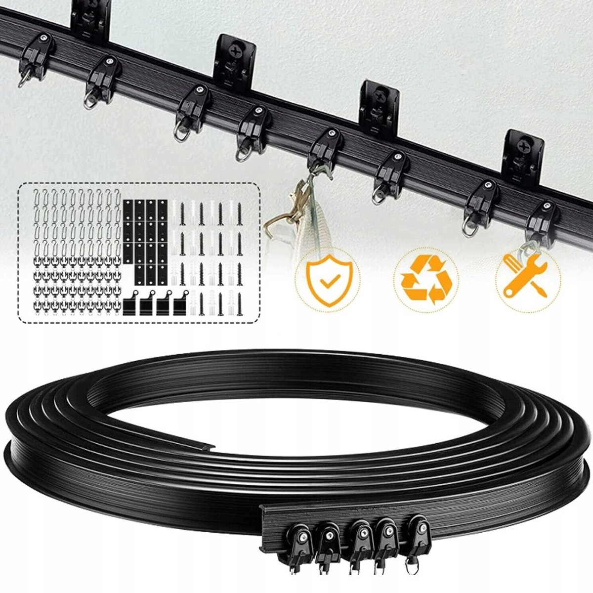 Flexibele Gebogen Plafondgordijnrail 5 m - Buigbare PVC- En Zachte Stalen Rail Op Maat Te Snijden Geschikt Voor Zware Stoffen - Met Rollers En Afneembare Beugels - Voor Douche- Achtergrond- En Raamgordijnen - Zwart