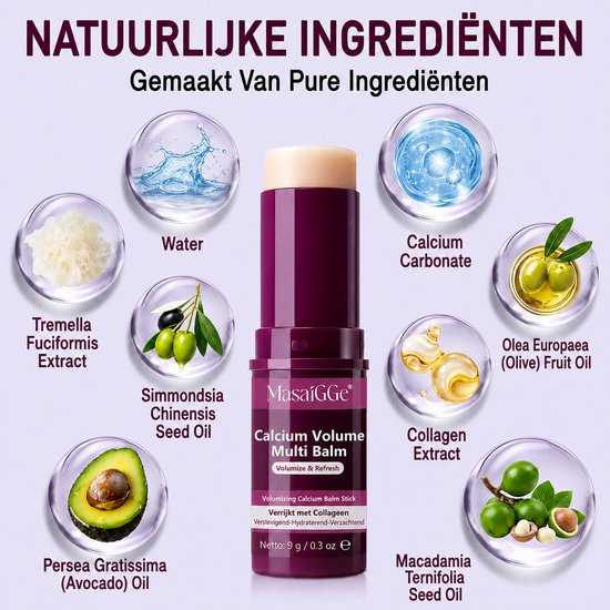Paars product "Calcium Volume Multi Balm" omringd door afbeeldingen van ingrediënten zoals water, olijfolie en avocado.