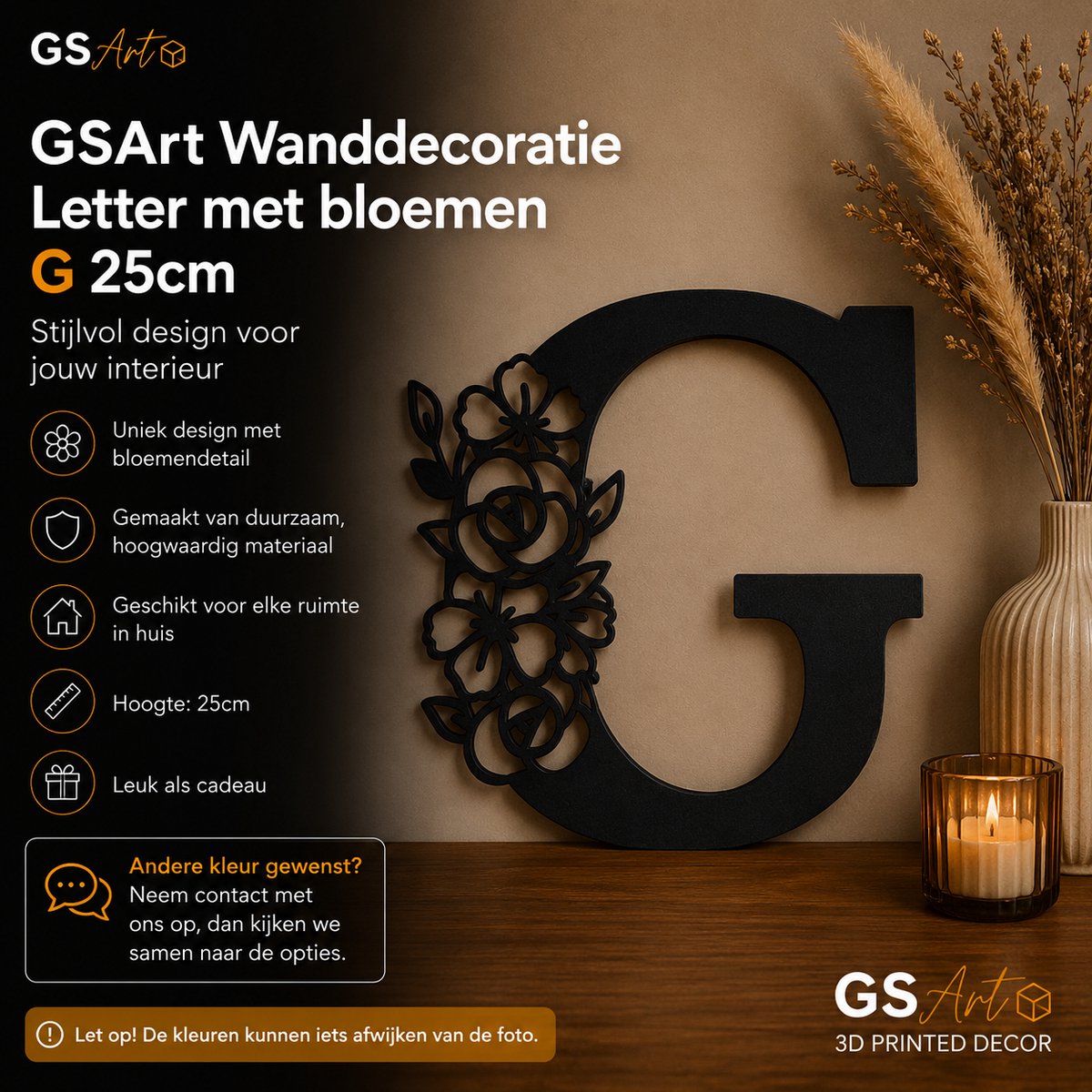 GSArt Wanddecoratie Letter met Bloemen – 25 cm - G