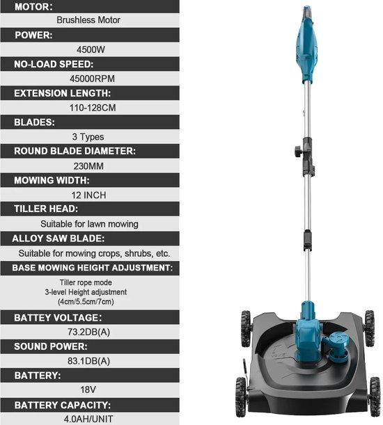 Joorly Elektrische Grasmaaier - Grastrimmer - Grastrimmer accu - Grasmaaier Accu - Grasmaaier Elektrisch - 30,5 maai breedte - Groen — afbeelding 4