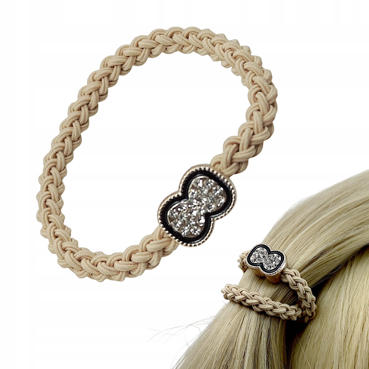 Elastische Haarelastiekjes met Strik en Zirkonia - Beige Set van 2