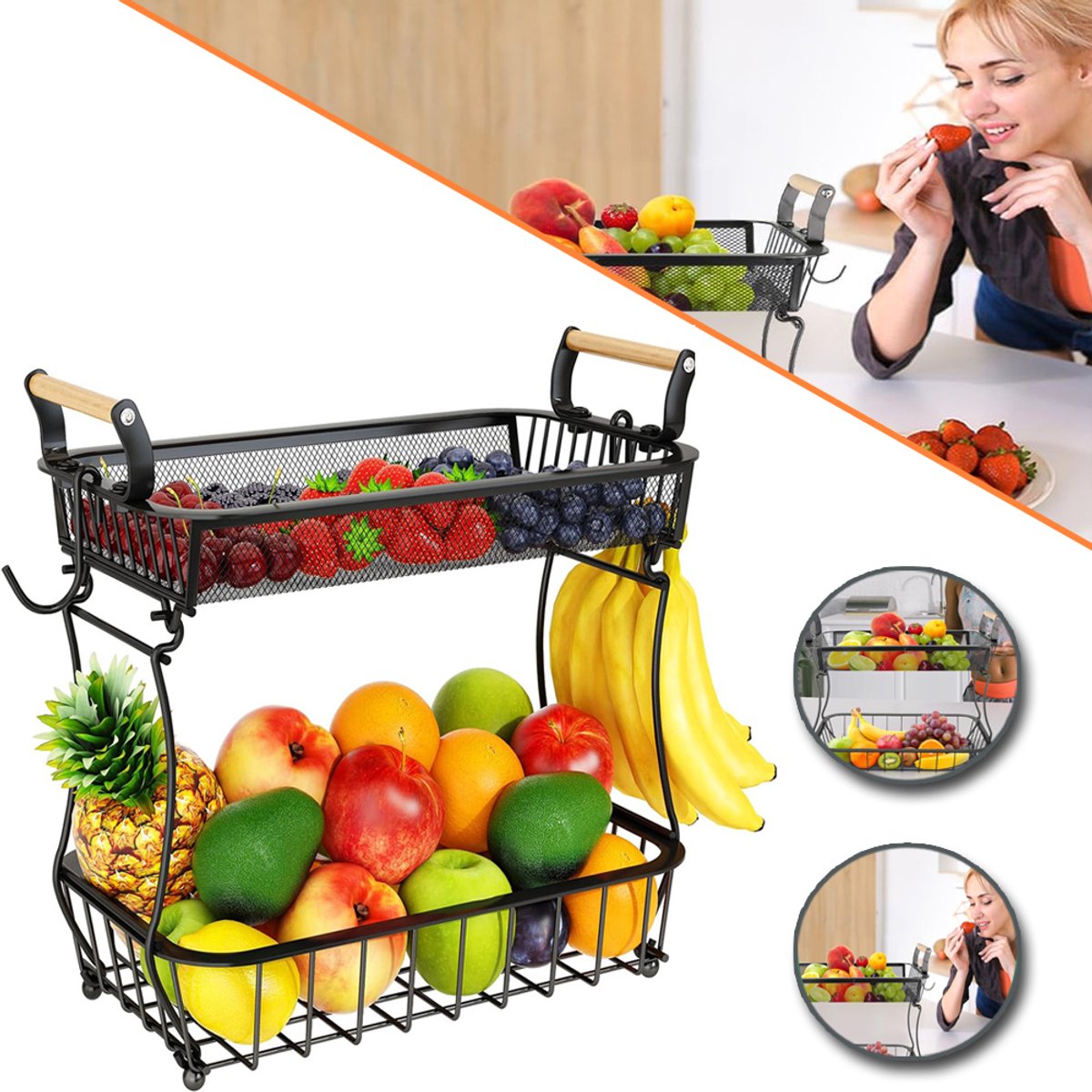 Fruitmand Van Fijnmazig Gaas 2 Lagen Met 2 Haken - Duurzaam Ijzerdraad Afneembaar En Stapelbaar Met Verhoogde Pootjes - Voor Fruit Groenten Brood En Snacks - Zwart