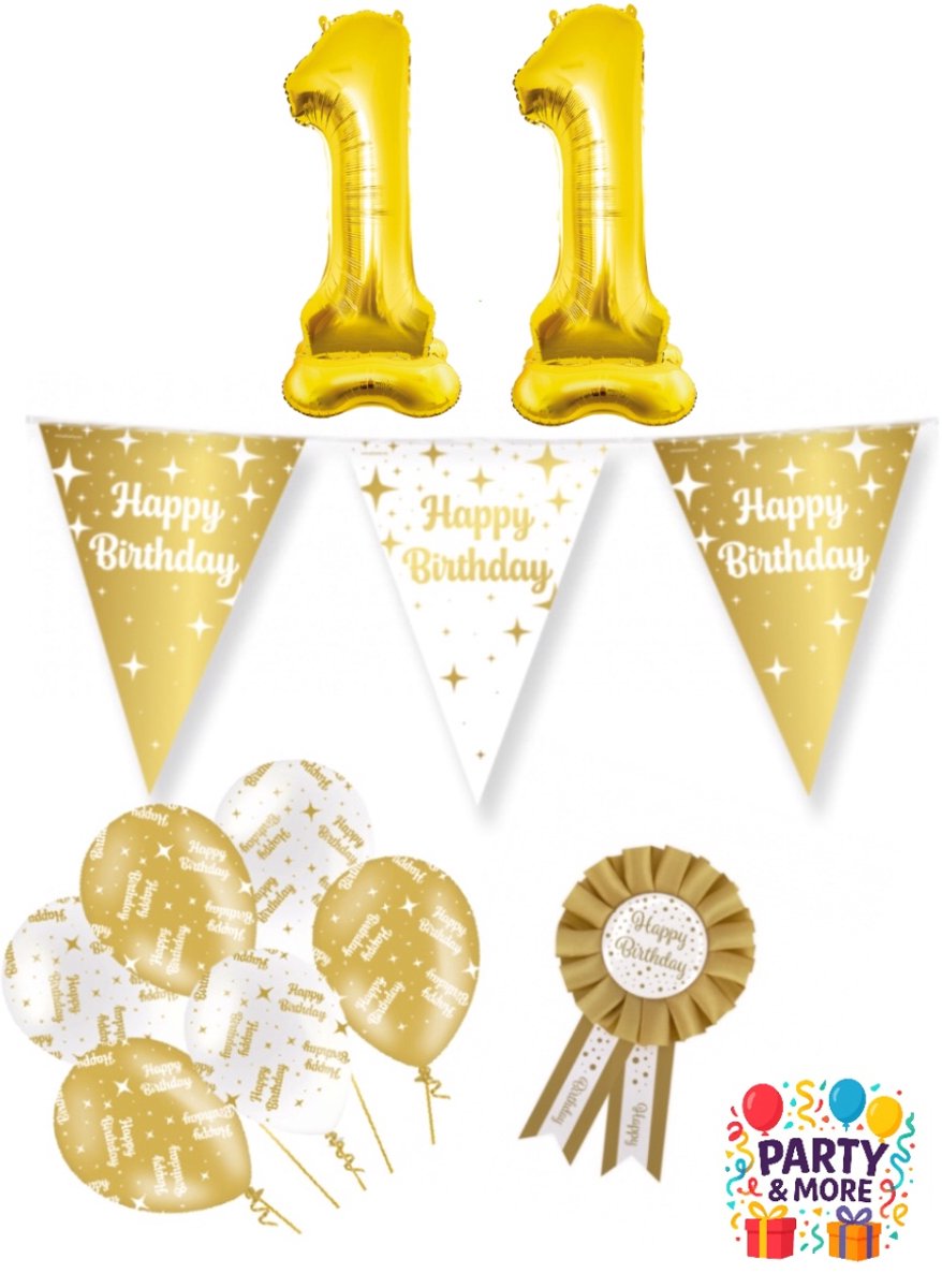 Party & More - 11 jaar - verjaardag versiering - ballonnen - slinger - cijferballon - Luxe Gouden Feestdecoratie Set – Compleet Pakket – versiering - verjaardag