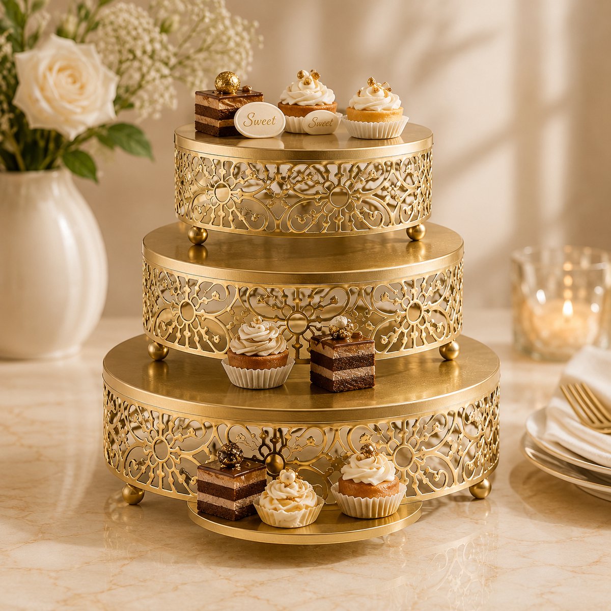 3-delige gouden taartstandaard set - rond vintage model - metaal, gietijzer - voor bruiloften, verjaardagen en feesten