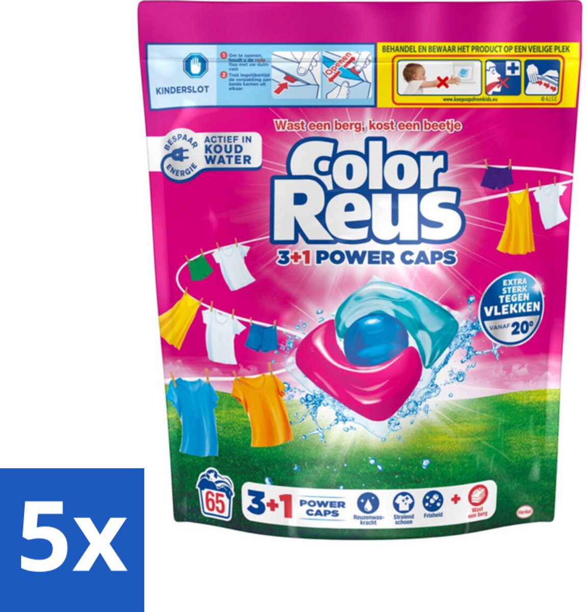 5 x Color Reus - 3+1 Power Caps - Gekleurde Was - 65 Wasbeurten - Gekleurde Was - Kleurbehoud - Vlekverwijdering - Reus Power Caps - Wasresultaten