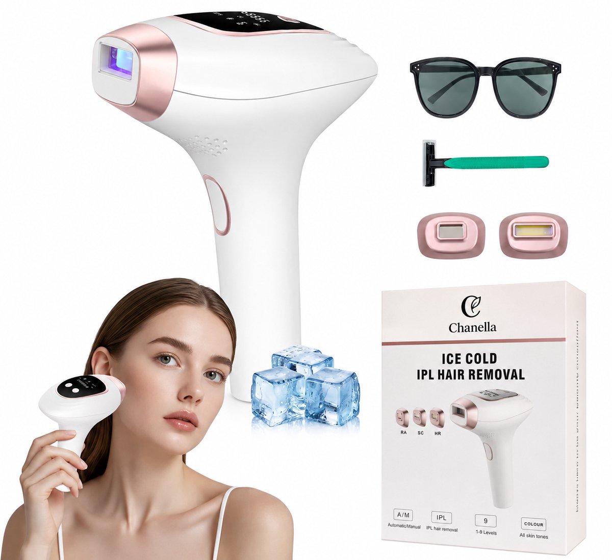 Chanella Laser ontharingsapparaat - IPL - Voor zowel mannen als vrouwen - In 9 verschillende standen. - Ontharen voor thuis - Magnetische onderdelen - Ice-cool functie - Beschermbril – Scheermes - Haarvrij voor een lange periode