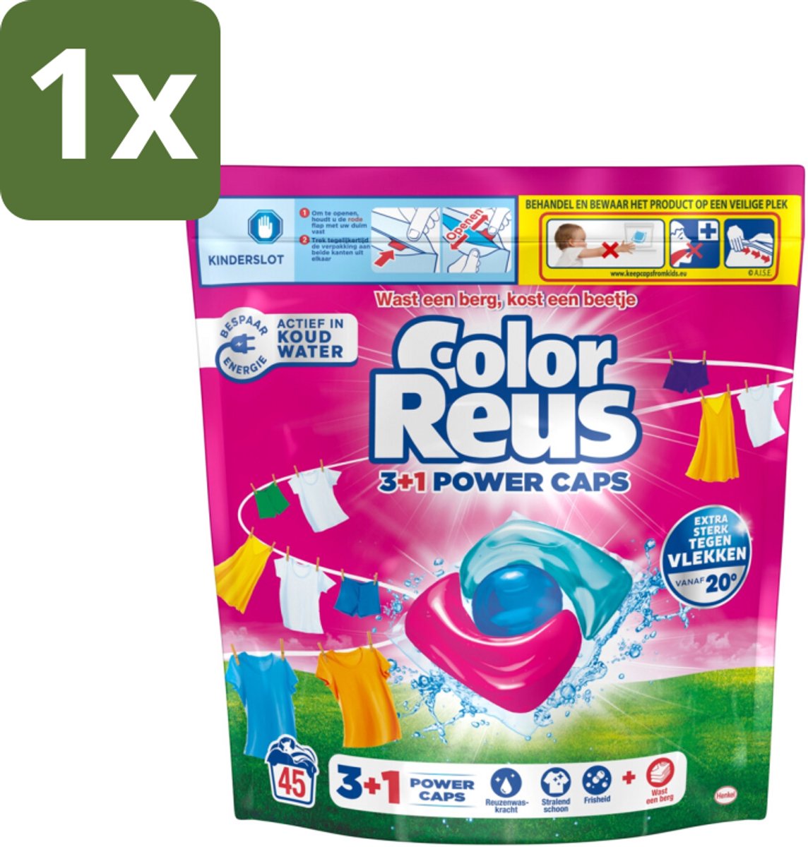 1 x Color Reus - 3+1 Power Caps - Gekleurde Was - 45 Wasbeurten - Gekleurde Was - Wasresultaten - Kleurbescherming - Vlekverwijdering - Wasbeurten