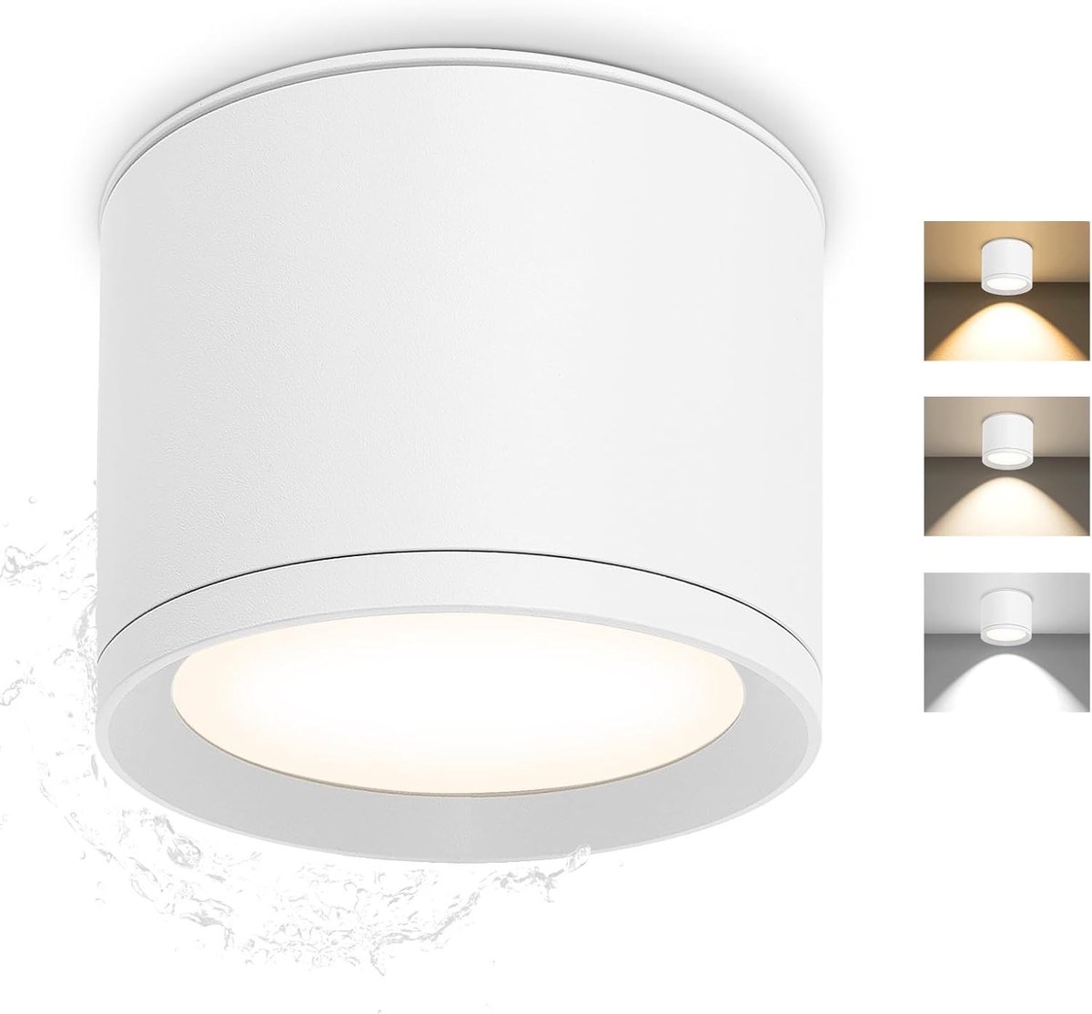 3CCT LED Opbouwspot, IP44 Waterdichte 7W Verlichting, 800 lm, Dimbare Plafondspot voor Badkamer, Aluminium Rond, 3000K/4500K/6500K, Diameter 84 x 65 mm