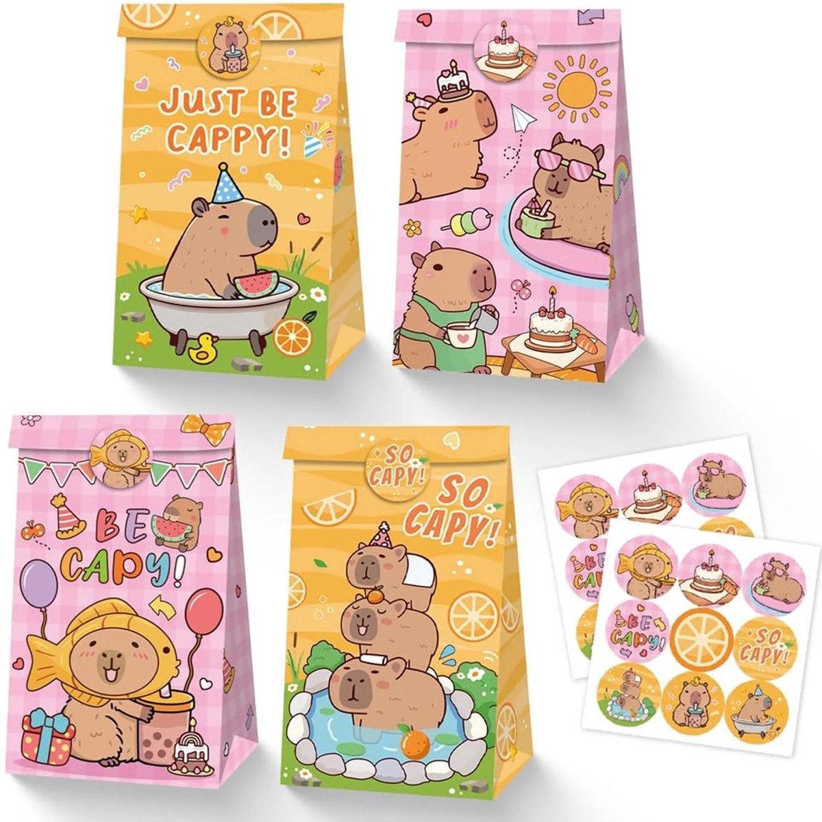 Uitdeelzakjes papier 12 Stuks - Snoepzakjes - Traktatiezakjes - Cadeau zakjes - Cadeau tasjes - 18 sluitstickers - Capybara verjaardagsfeestdecoratie - Capibara Themapartijspullen - capybara stickers