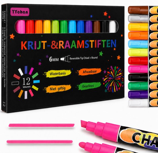 Doos met 12 YYchan krijt- en raamstiften met omkeerbare punt van 6 mm. Verschillende kleuren, waterbasis, afwasbaar, niet giftig en geurloos.