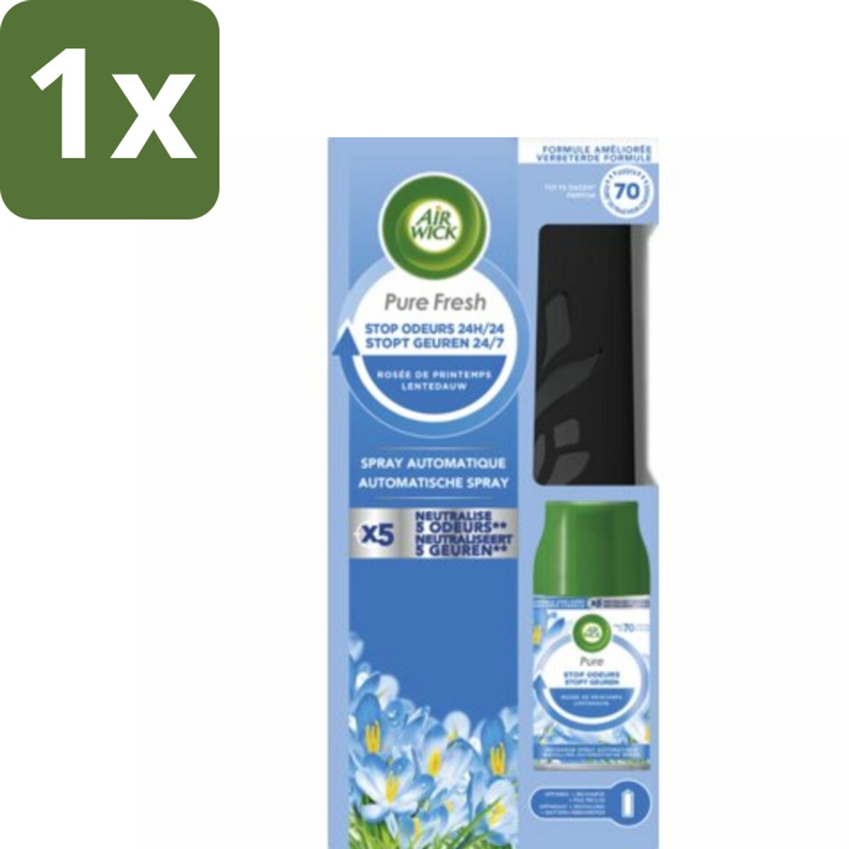 1 x Air Wick - Freshmatic Spray - Starterkit - Pure Fresh Lentedauw - 250 ml - Automatische Geurverneveling - Lentegeur - Frisse Geur - Luchtverfrisser - Geurverspreiding