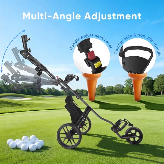CreateEcom golftrolley - golfkar - 3-wielige opvouwbare golfkar met voetrem - waterdichte koeltas en parapluhouder - draagbare lichtgewicht golfkar - zwart — afbeelding 2