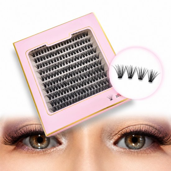 Roze doos met individuele nepwimpers en close-ups van ogen met nepwimpers.
