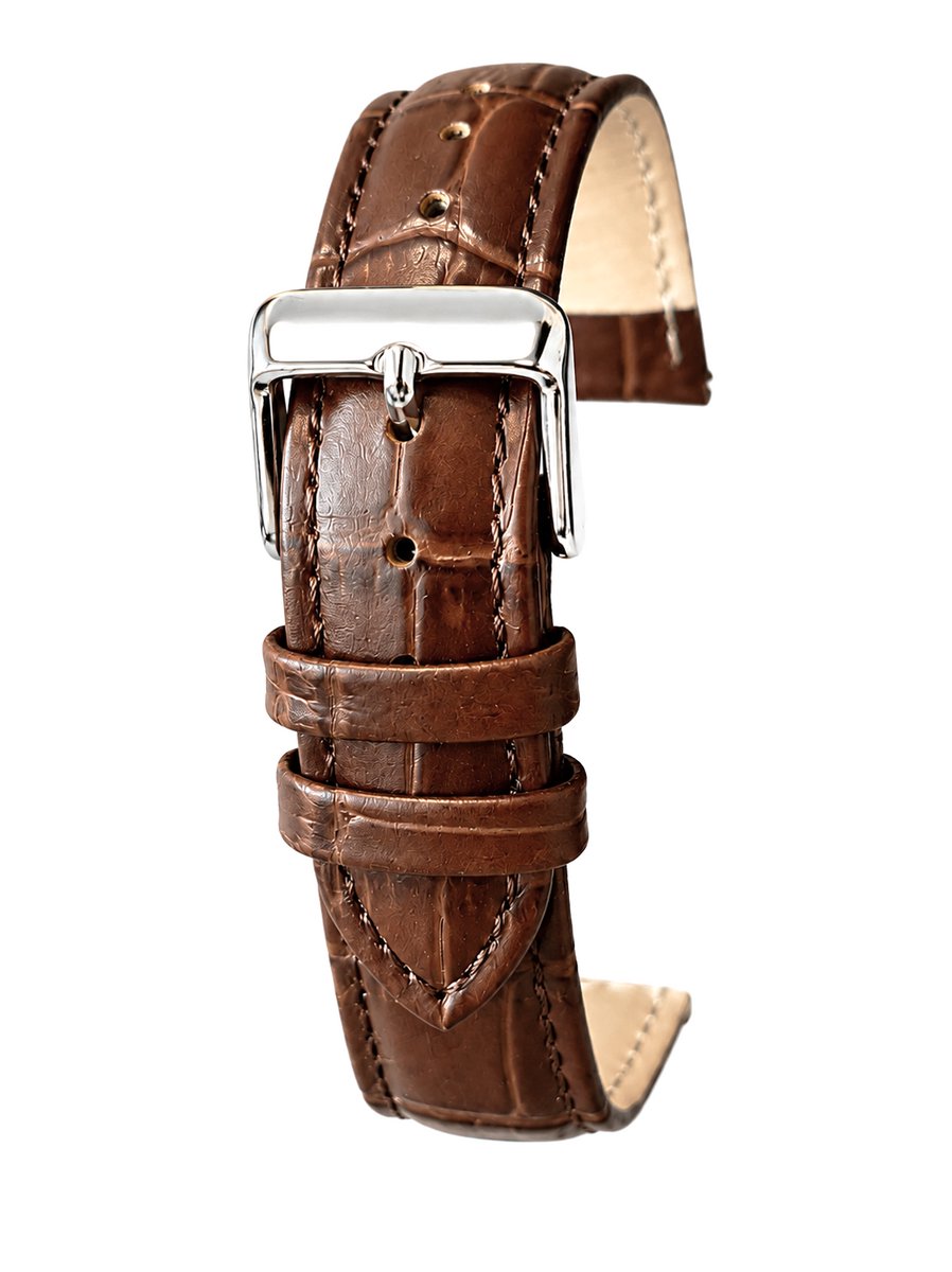 Horlogeband-Horlogebandje-16mm-Bruin-Donker Bruin-Echt leder-Gevuld-leer-Plat-Zacht-Soepel-Croco -Gestikt-Stalen Gesp-16 mm