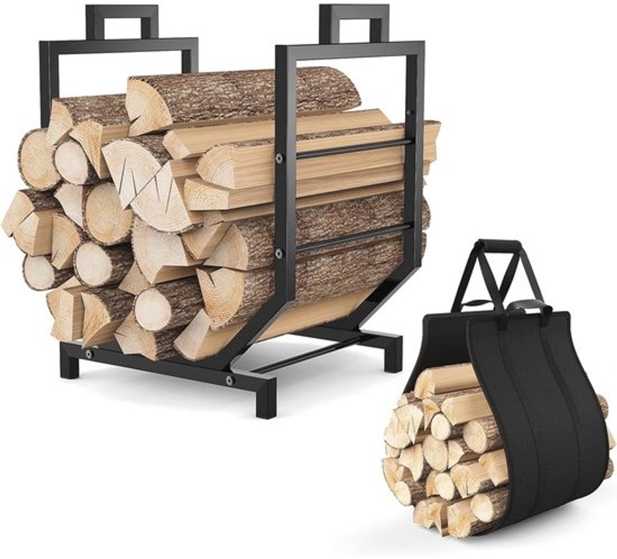 Metalen brandhoutrek met afneembare haardhouttas voor binnen en buiten - brandhoutstandaard van 43 x 33 x 53 cm