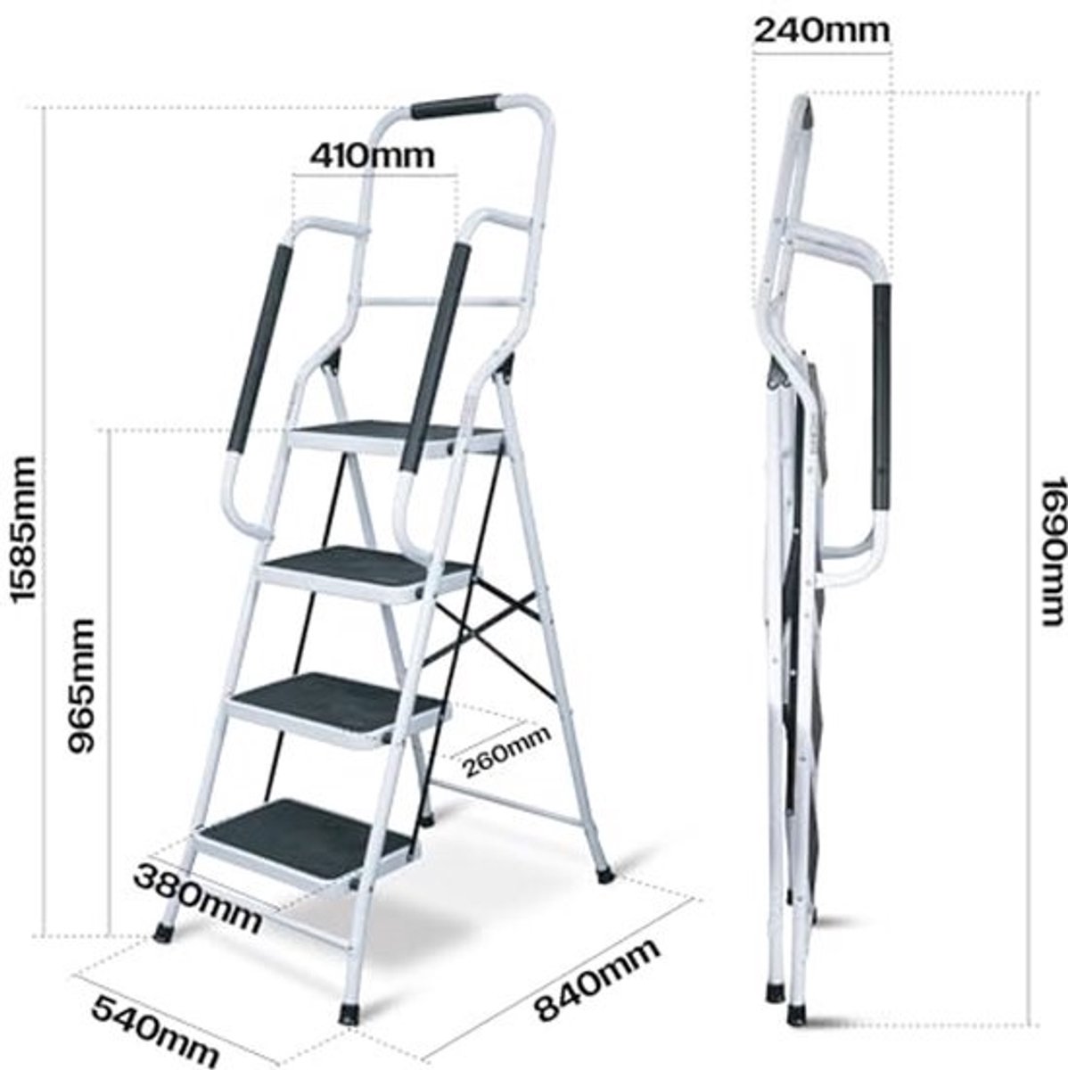 4-traps inklapbare trapladder met leuningen, extra breed en antislip, ideaal voor thuis en tuinieren