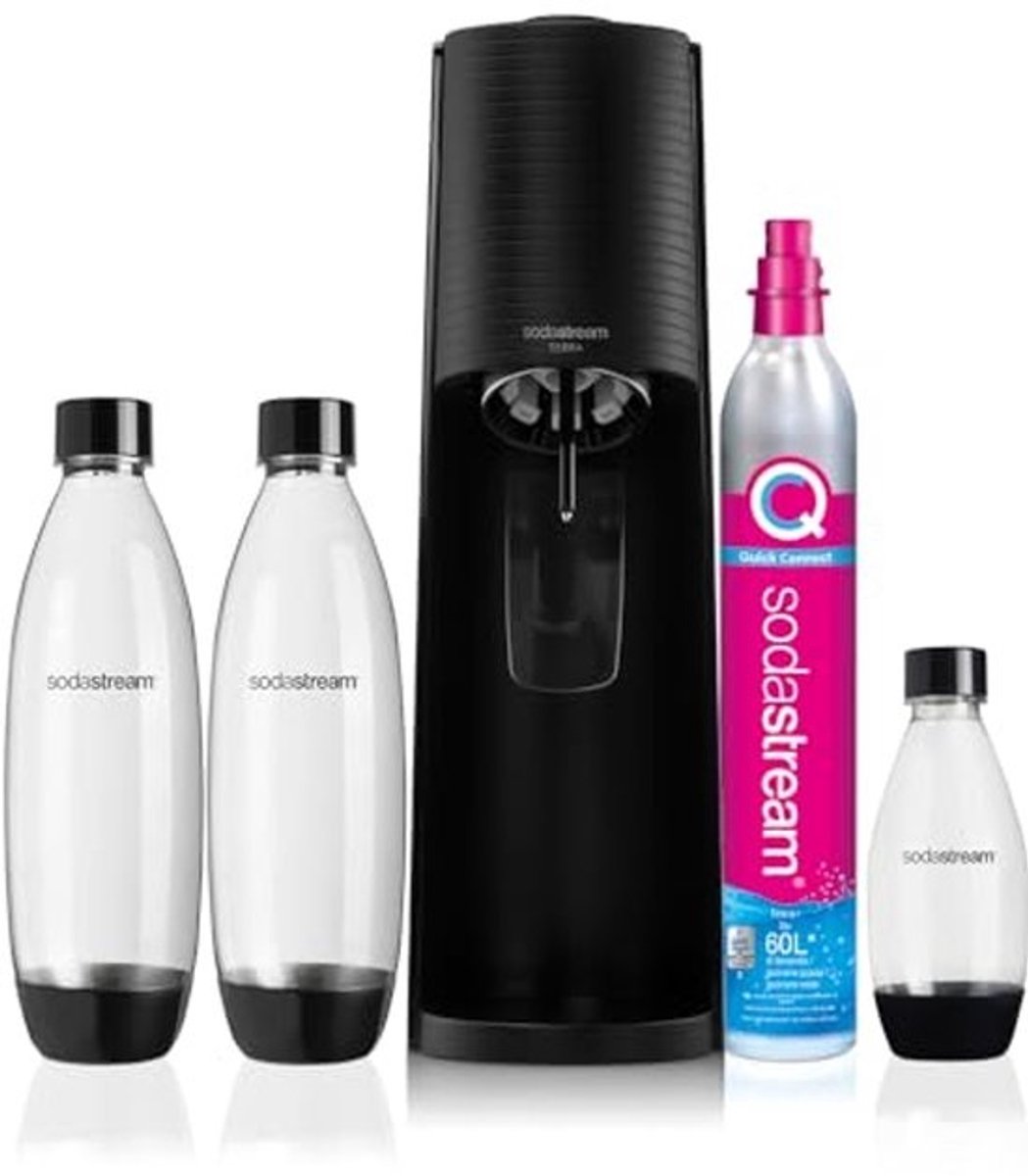 Zwarte Value Pack van 3 SodaStream met 2 vaatwasmachinebestendige flessen van 1 liter en 1 Quick Connect-cilinder