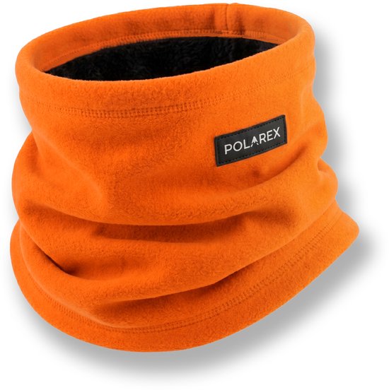 Oranje Polarex nekwarmer van fleece met een zwarte voering en merklabel.