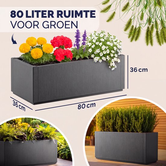 Donkergrijze plantenbak van 80 cm lang, 36 cm breed en 36 cm hoog, met bloeiende gele, rode en paarse bloemen.
