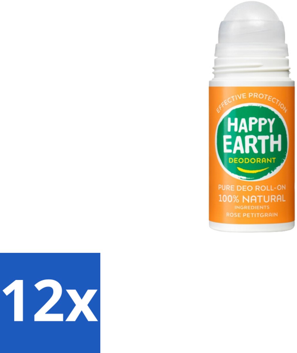 Happy Earth – Deodorant Roll-On – 100% Natuurlijk Rose Petitgrain – 75 ml - Voordeelverpakking - 12 stuks