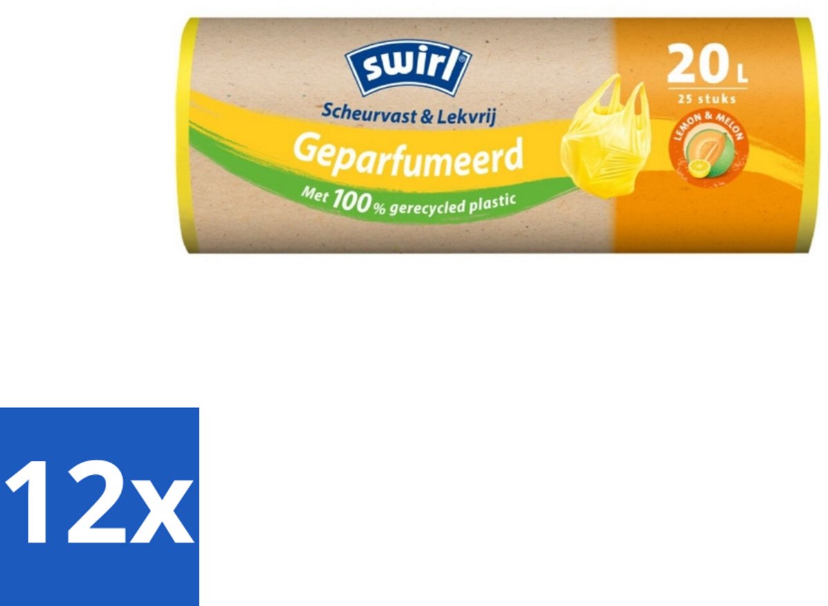 Swirl – Vuilniszakken 20 L – Handvat – Lemon & Melon Geparfumeerd – 25 zakken - Voordeelverpakking - 12 stuks