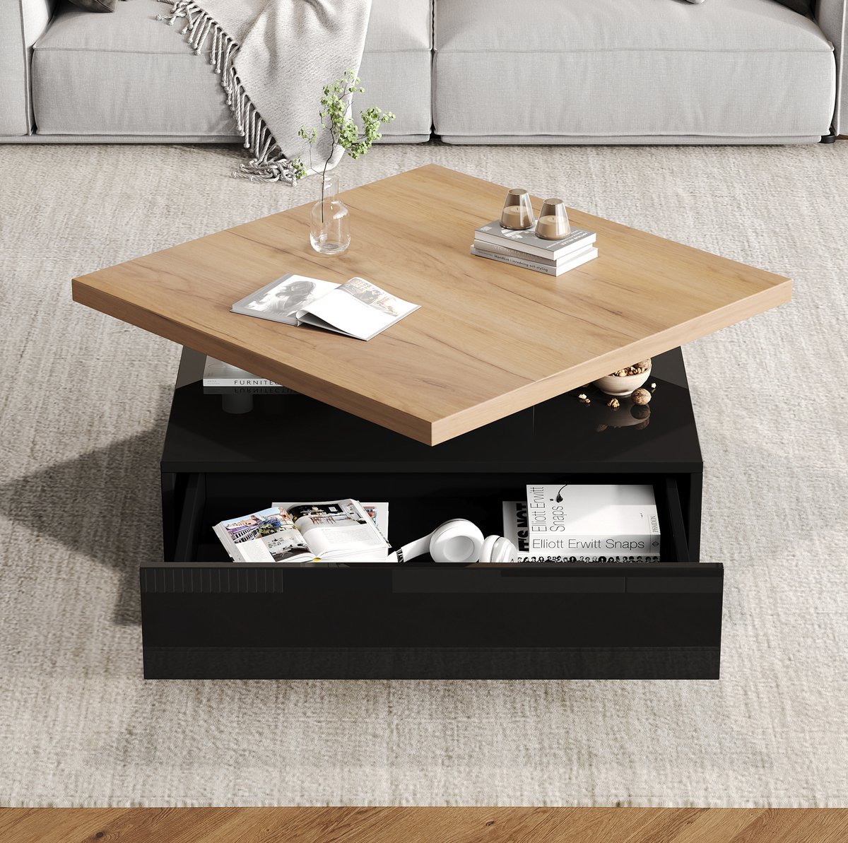 Wishdor Salontafel Vierkant 360° draaibaar - Verborgen lade en opbergruimte - Modern - Walnoot en zwart - 70 x 70 x 36 cm