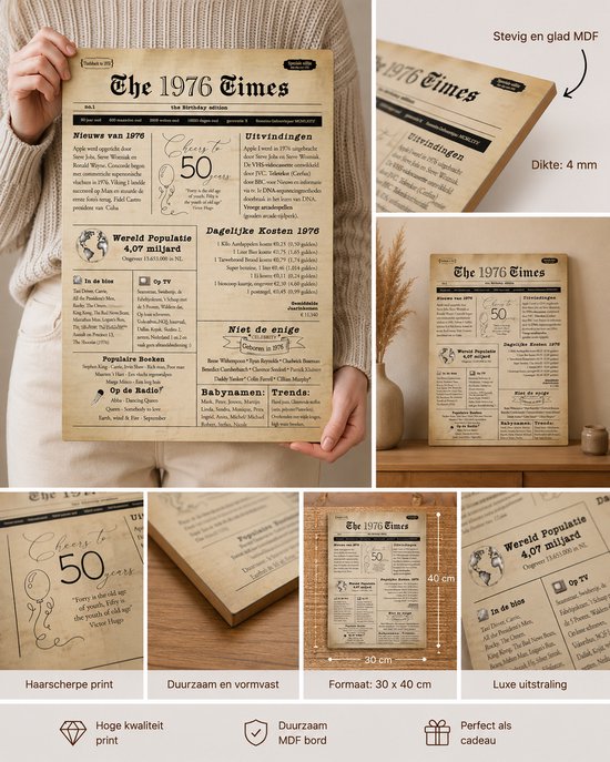 Een gedetailleerde poster die eruitziet als een oude krant met krantenkoppen, artikelen en advertenties over 1976.