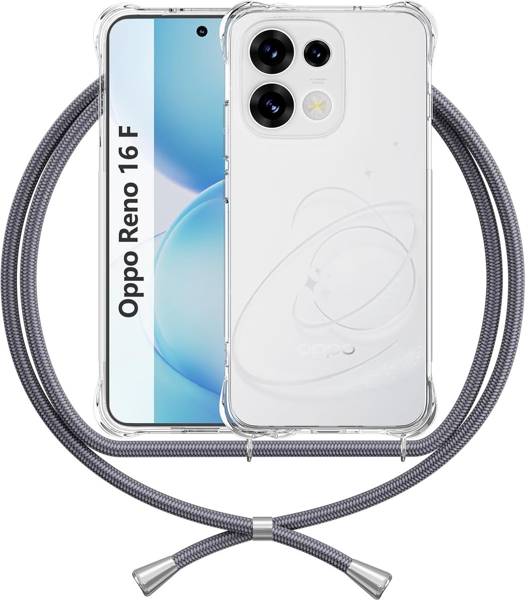 Zandarix Hoesje Geschikt voor Oppo Reno 16 F / FS - Siliconen Anti Schok - Versterkte Hoeken - Bumper - Crossbody Koord - Back Cover Hoesje - Grijs