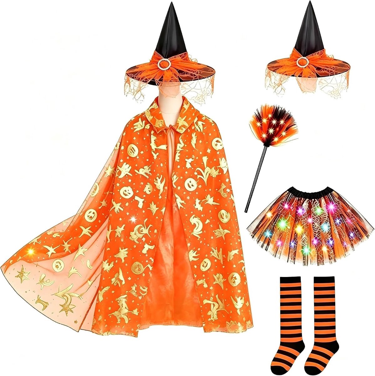 Heksenkostuum voor Halloween en Carnaval met toverhoed, snoepzakje en tule rok, ideaal voor kinderen en volwassenen