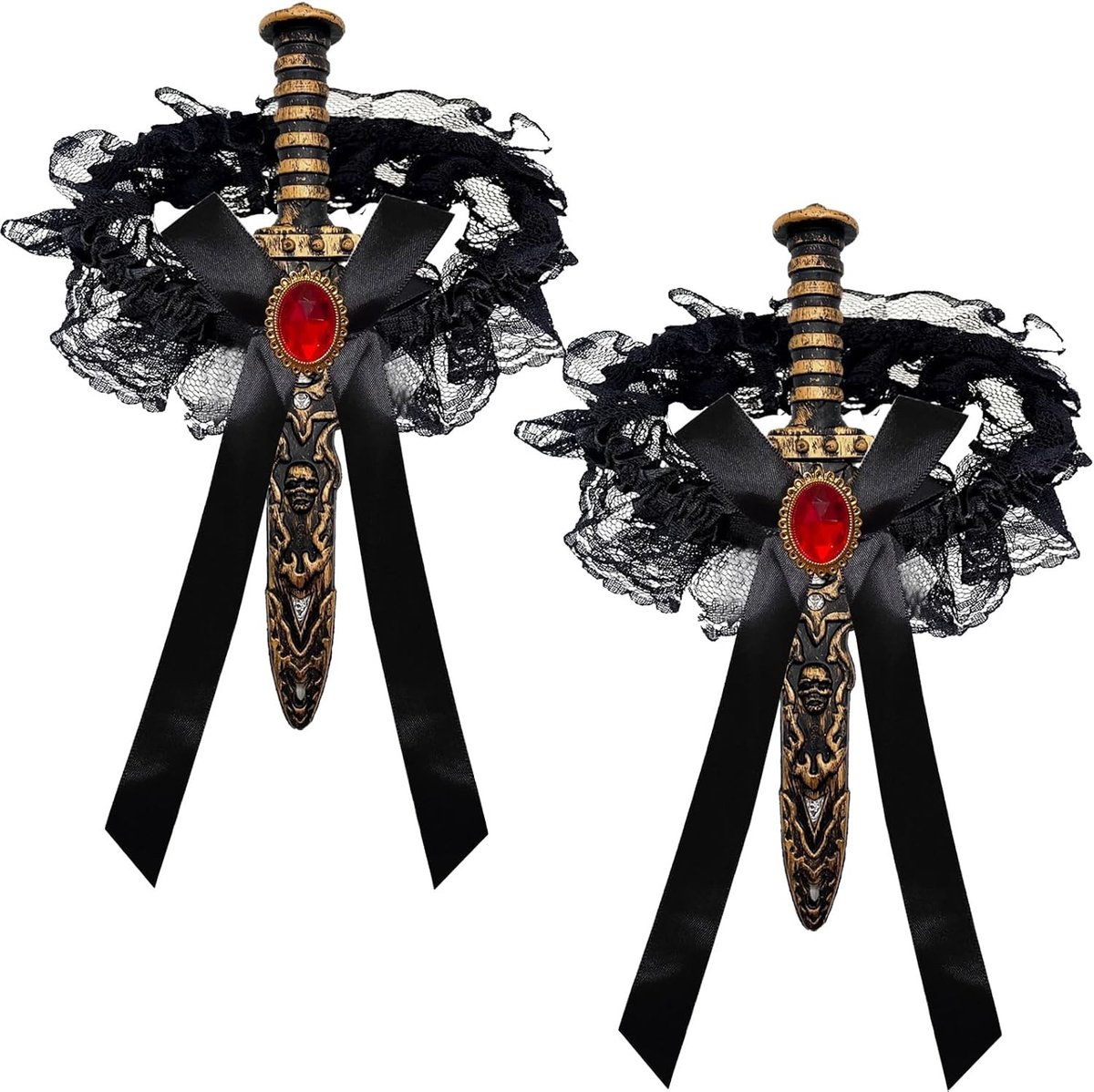 Set van 2 Piratenzwaarden met Strik, Elastische Zwarte Kanten Strik, Piratenkostuum Accessoires voor Rollenspel en Carnaval