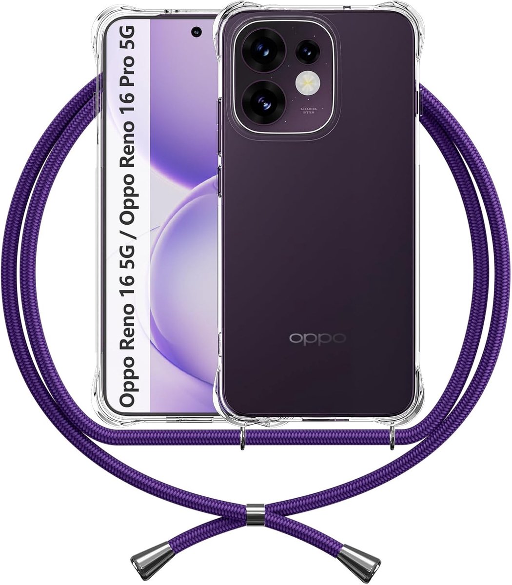 Zandarix Hoesje Geschikt voor Oppo Reno 16 / 16 Pro - Siliconen Anti Schok - Versterkte Hoeken - Bumper - Crossbody Koord - Back Cover Hoesje - Paars