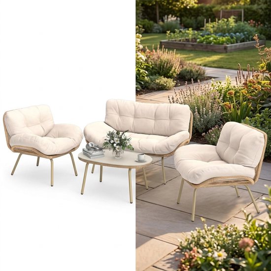 Ensemble de balcon avec deux fauteuils beiges, un canapé deux places et une table ovale avec une tasse blanche.