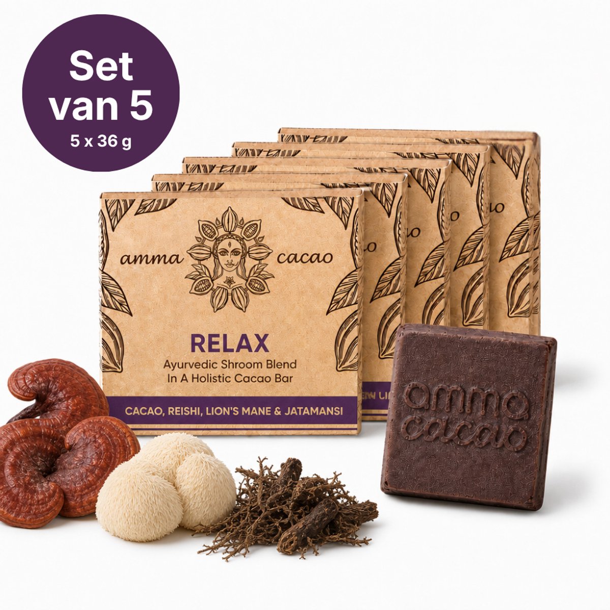 CacowGirls RELAX Cacao Bars – Ceremoniële Cacao met Reishi, Lion's Mane, Jatamansi & Steranijs – 5 x 36 g