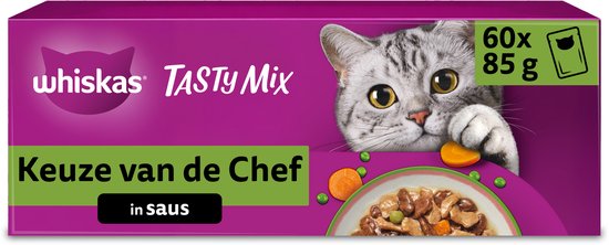 Whiskas Tasty Mix Keuze van de Chef in saus kattenvoer. Een doos van 60x85g met een kat en een bakje eten.