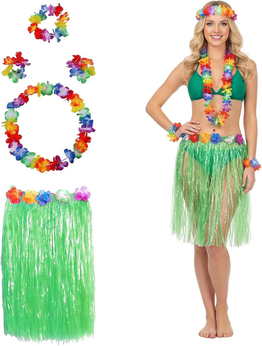 Tropisch Hawaii Thema Feest Kostuum Set met Hula Rok, Bloemenketting en Grasrok voor Volwassenen, Perfect voor Luau en Tropische Feestdecoratie