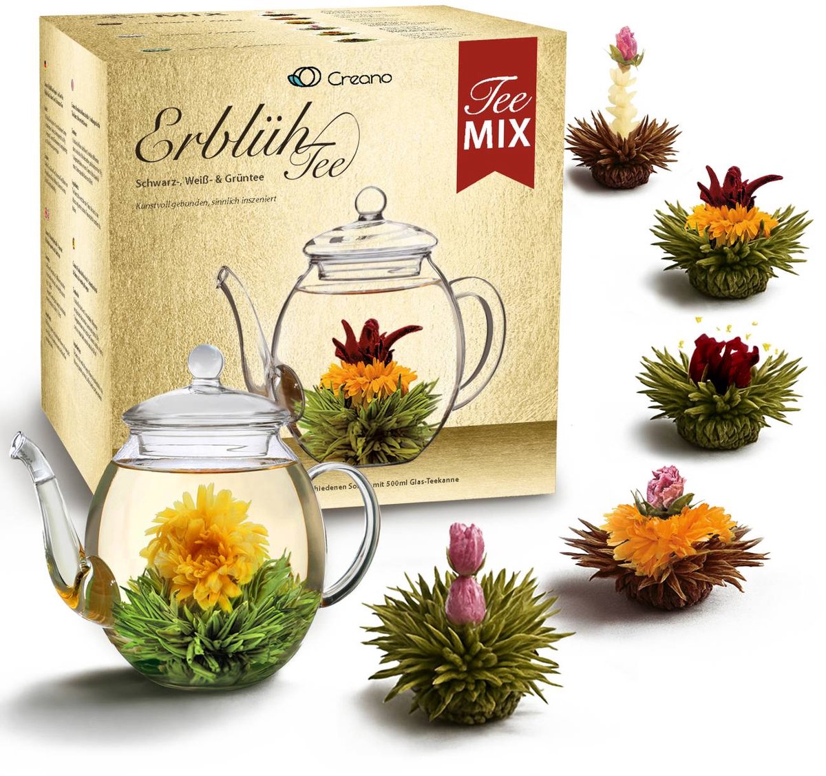 Creano Theebloemen Mix - gouden geschenkset bloementhee met glazen theepot witte, groene & zwarte thee in 6 soorten, theebloem, blooming tea, cadeau voor vrouwen