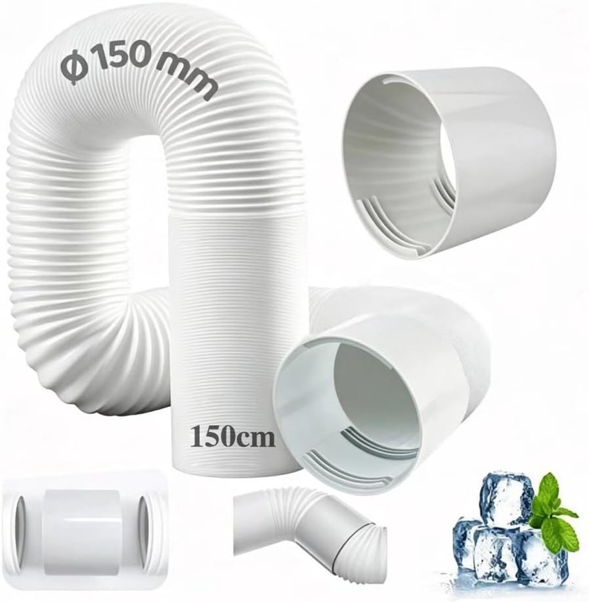 Luchtconditioner afvoerslang met adapter, 150 mm diameter, 150 cm lang, voor wasdroger en afzuigkap, ideaal voor ventilatie en afvoer.